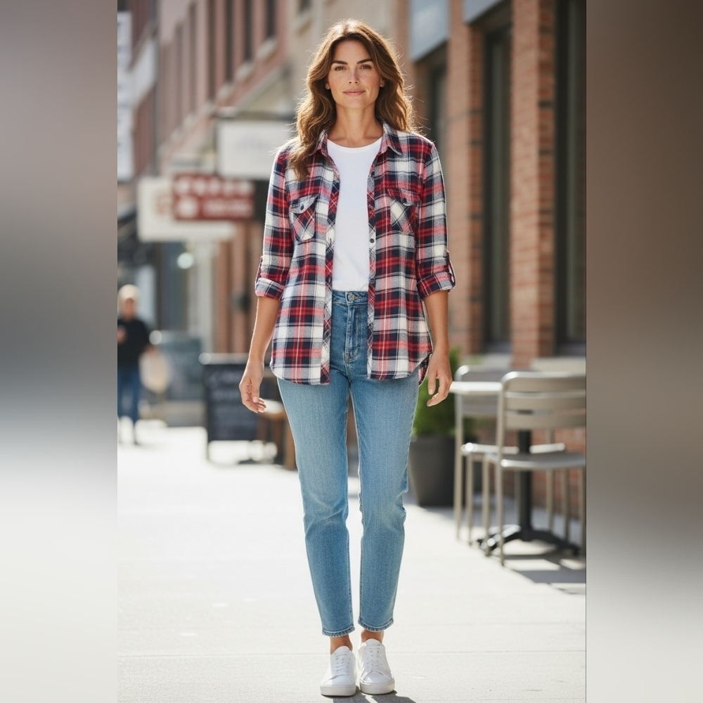 ARDENE Navy /Red Plaid Long Sleeve Blouse